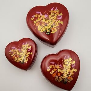 Vintage Heart Shaped Red Nesting Trinket Boxes w/ Oriental Floral Decal 3pc Set